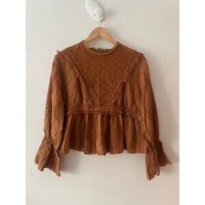 Rocks & Indigo Peasant Blouse Womens M Brown Rust Cotton Lace Trim Bell Sleeve